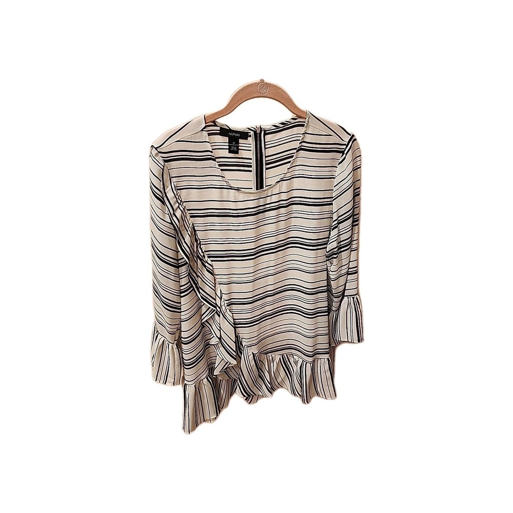 Alfani Women's Striped Ruffle‎ Hem Long Sleeve Blouse Top Size M